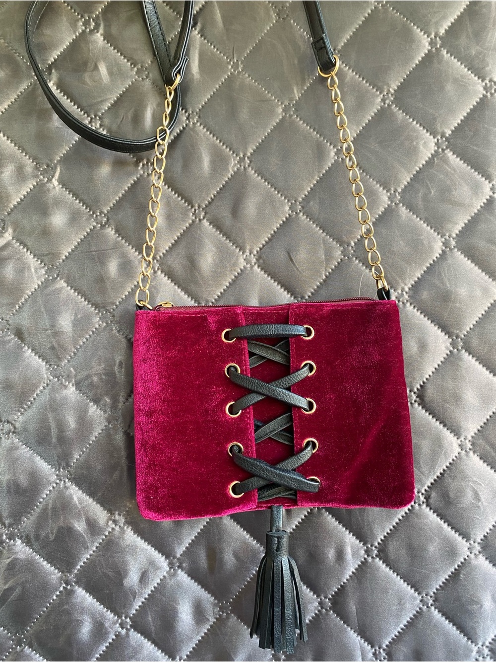 Sears Vintage NWT Burgundy Velvet Corset Crossbody Bag Lace Up Tassel